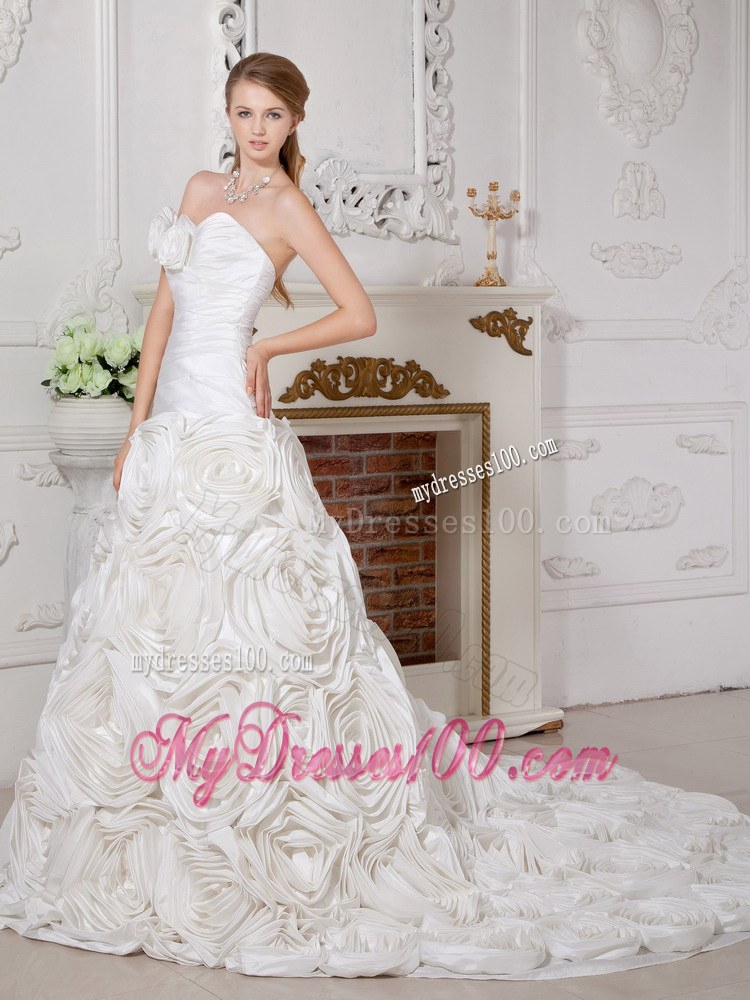 Romantic Court Train Ruched White Wedding Dress with Rolling Flowers