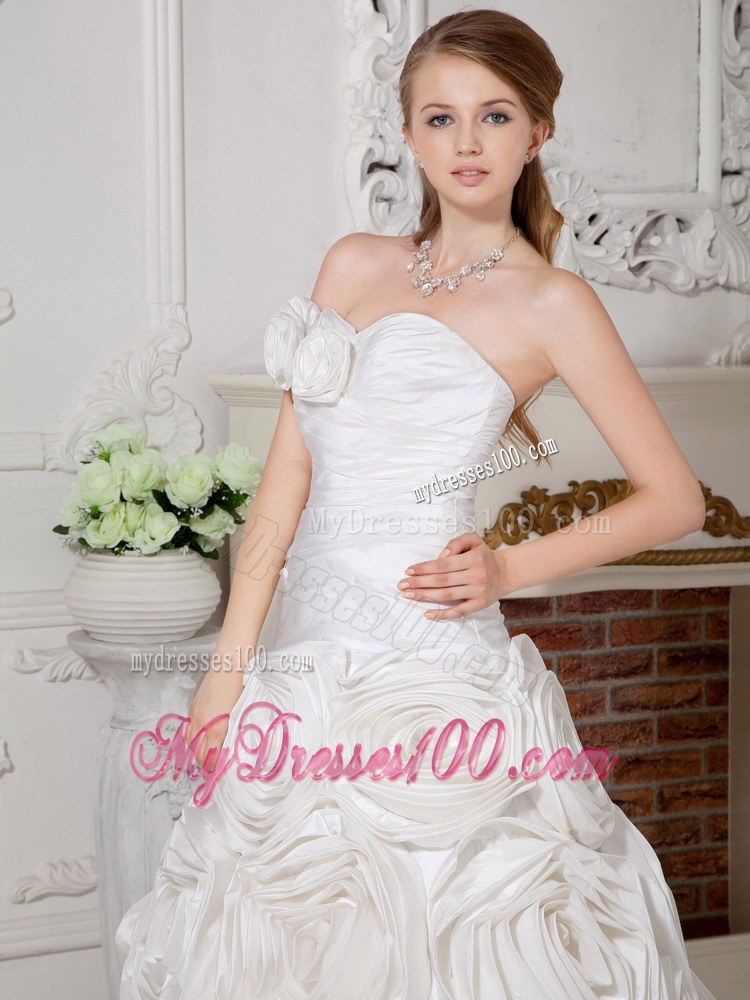 Romantic Court Train Ruched White Wedding Dress with Rolling Flowers