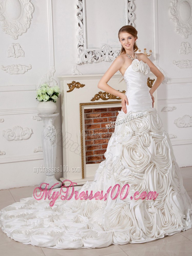 Romantic Court Train Ruched White Wedding Dress with Rolling Flowers