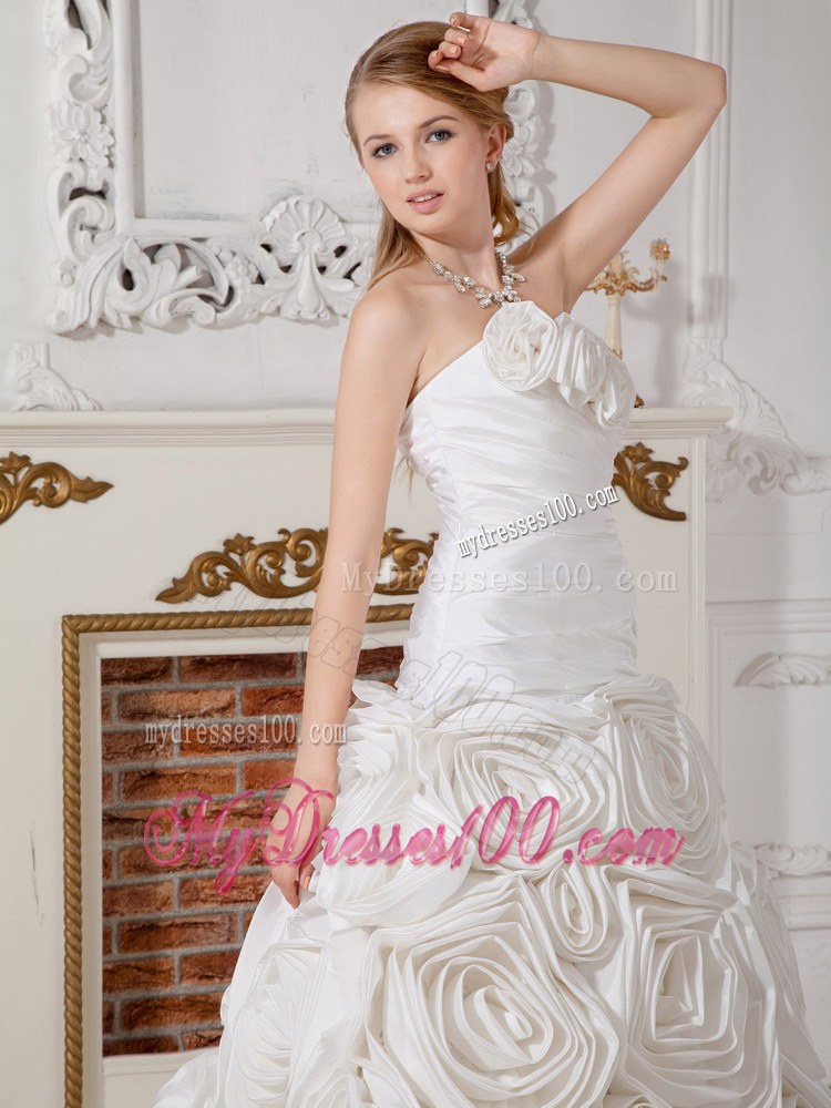 Romantic Court Train Ruched White Wedding Dress with Rolling Flowers