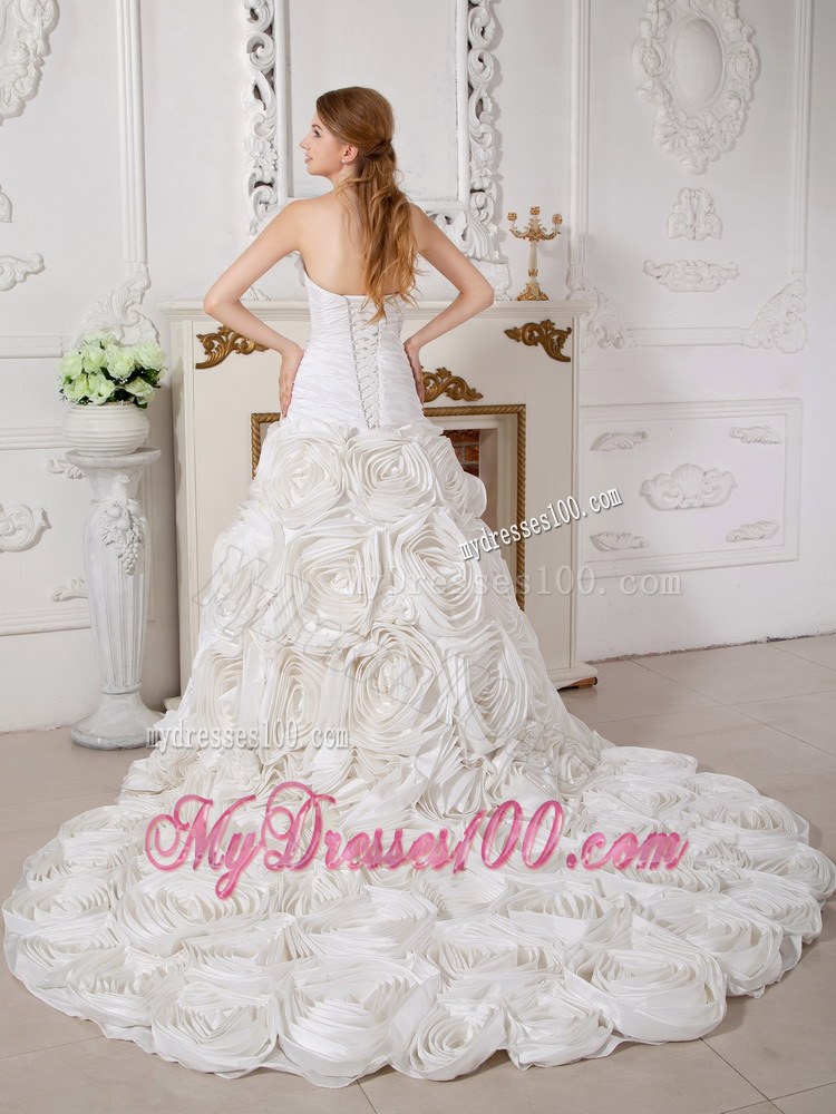 Romantic Court Train Ruched White Wedding Dress with Rolling Flowers