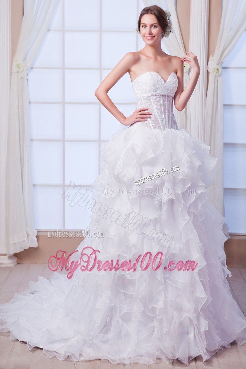 Sweetheart Ruffles Corset Back White Dress for Wedding Court Train