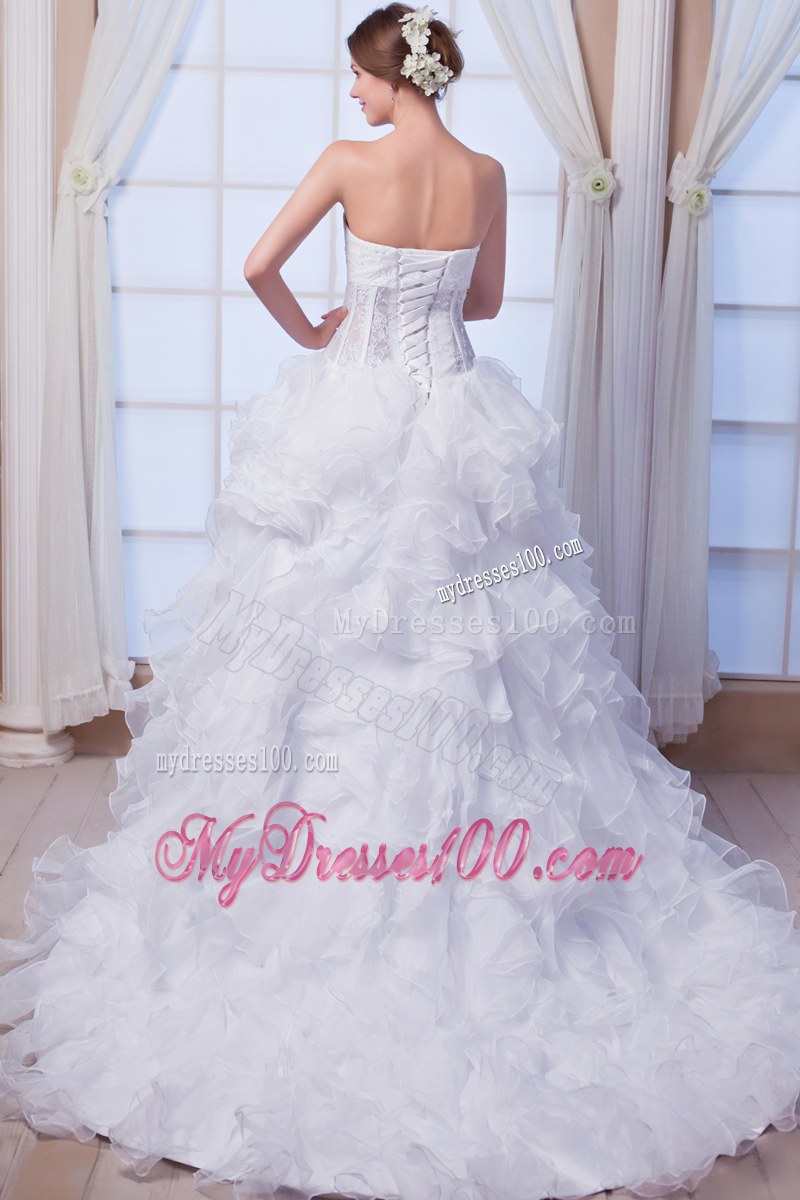 Sweetheart Ruffles Corset Back White Dress for Wedding Court Train