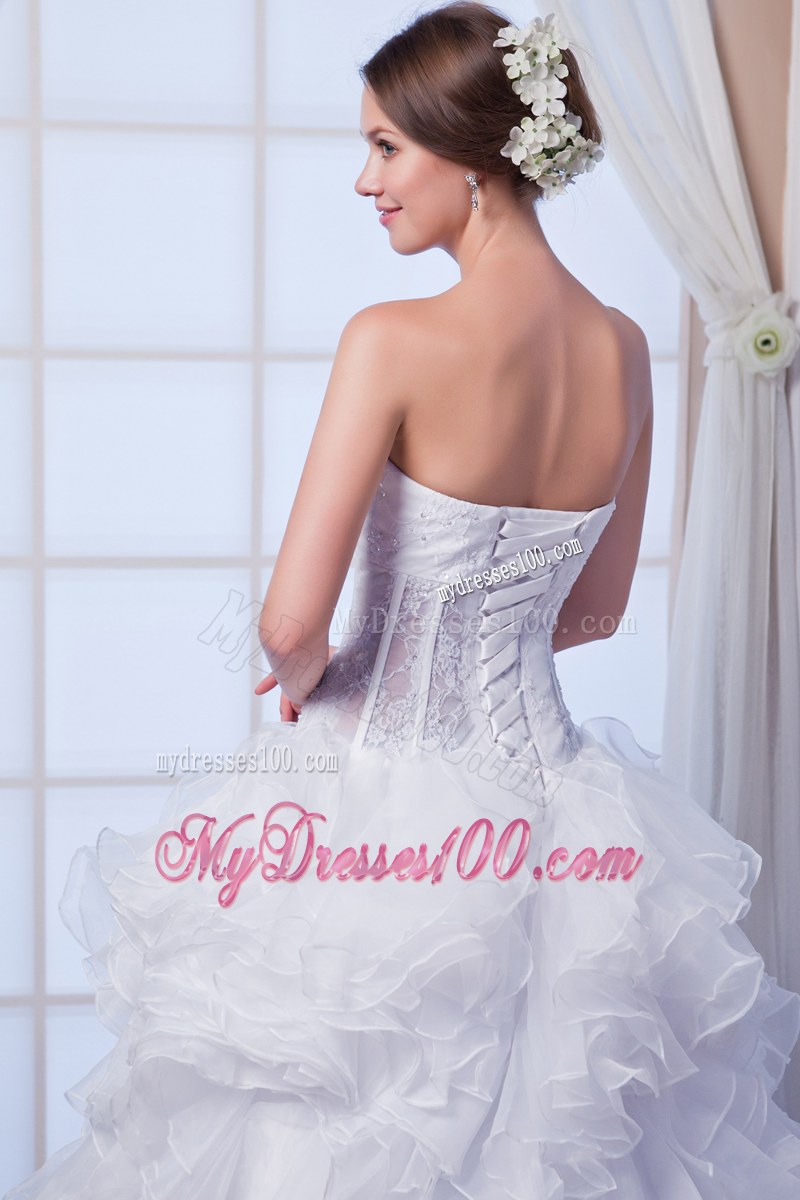 Sweetheart Ruffles Corset Back White Dress for Wedding Court Train