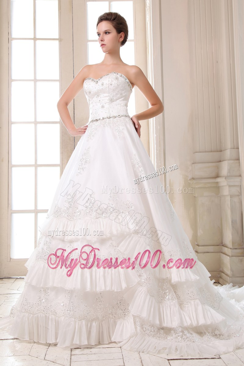 Sophisticated Ruffle Layers Appliques Hem Court Train White Bridal Gown