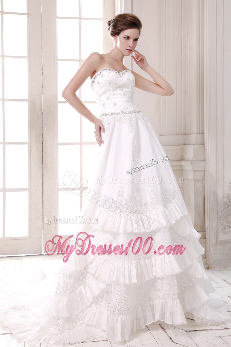 Sophisticated Ruffle Layers Appliques Hem Court Train White Bridal Gown