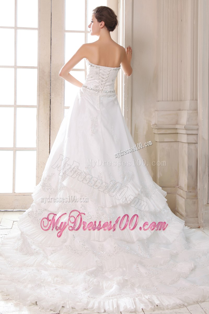 Sophisticated Ruffle Layers Appliques Hem Court Train White Bridal Gown