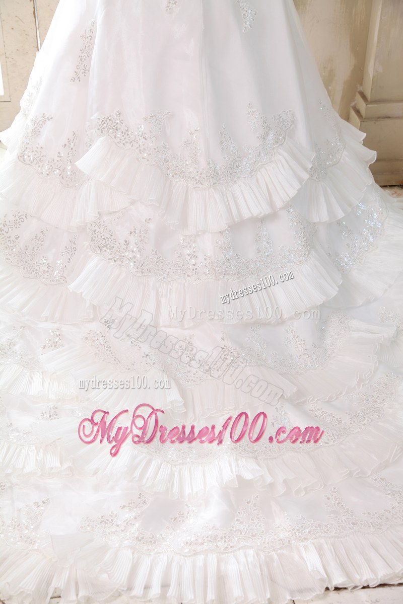 Sophisticated Ruffle Layers Appliques Hem Court Train White Bridal Gown