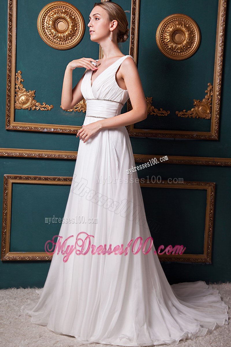 V-neck Ruche White Wedding Dress Watteau Train with Back Out