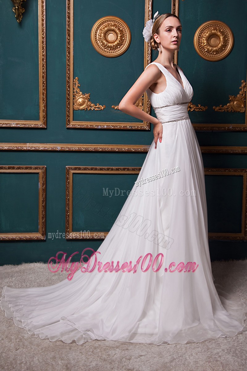 V-neck Ruche White Wedding Dress Watteau Train with Back Out