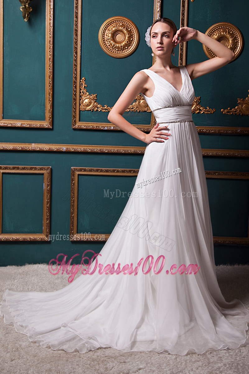 V-neck Ruche White Wedding Dress Watteau Train with Back Out