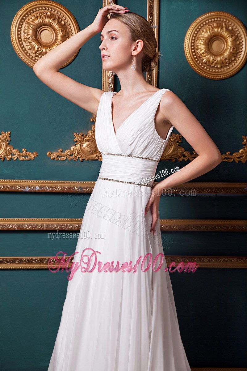 V-neck Ruche White Wedding Dress Watteau Train with Back Out