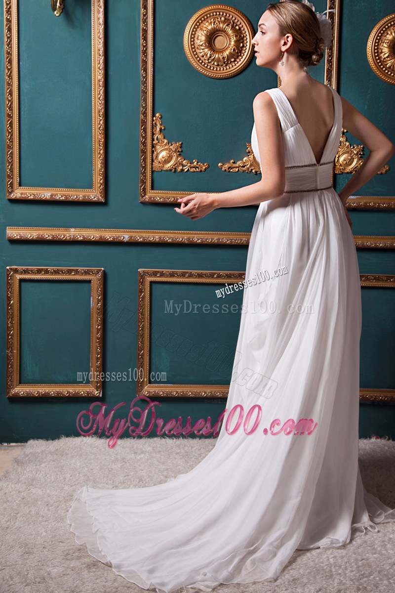 V-neck Ruche White Wedding Dress Watteau Train with Back Out