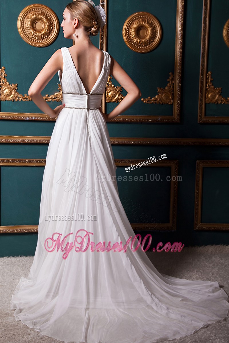 V-neck Ruche White Wedding Dress Watteau Train with Back Out