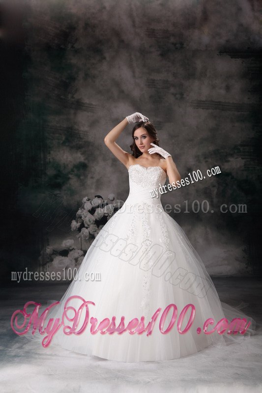 Embroidery White Wedding Dress Ball Gown Strapless Court Train