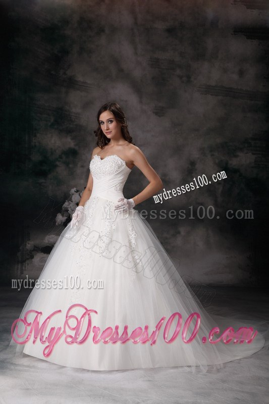Embroidery White Wedding Dress Ball Gown Strapless Court Train