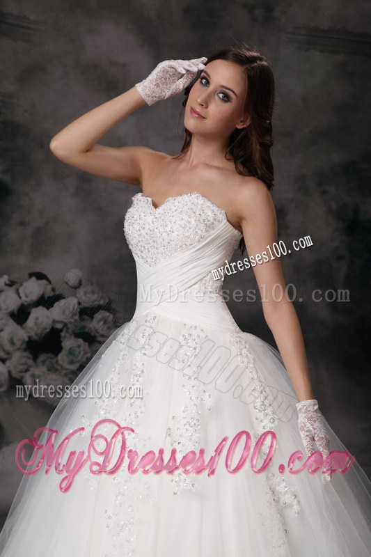Embroidery White Wedding Dress Ball Gown Strapless Court Train