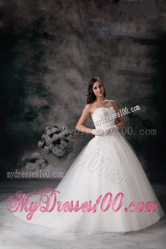 Embroidery White Wedding Dress Ball Gown Strapless Court Train