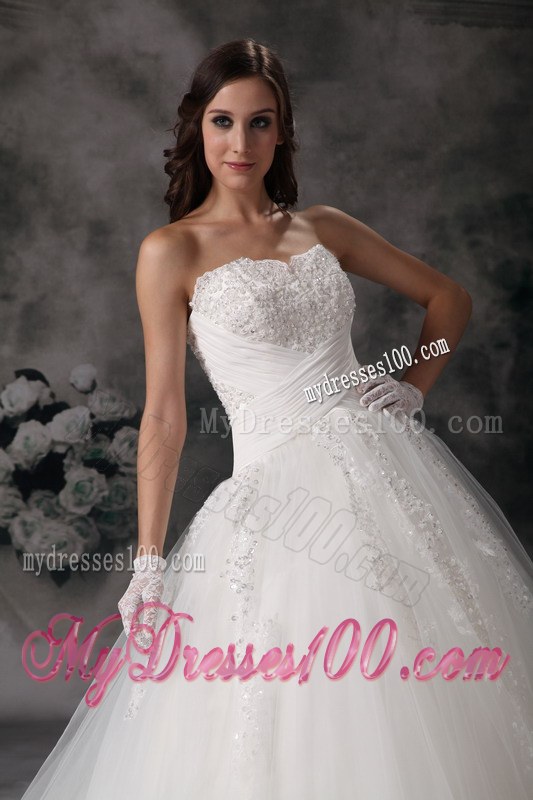 Embroidery White Wedding Dress Ball Gown Strapless Court Train