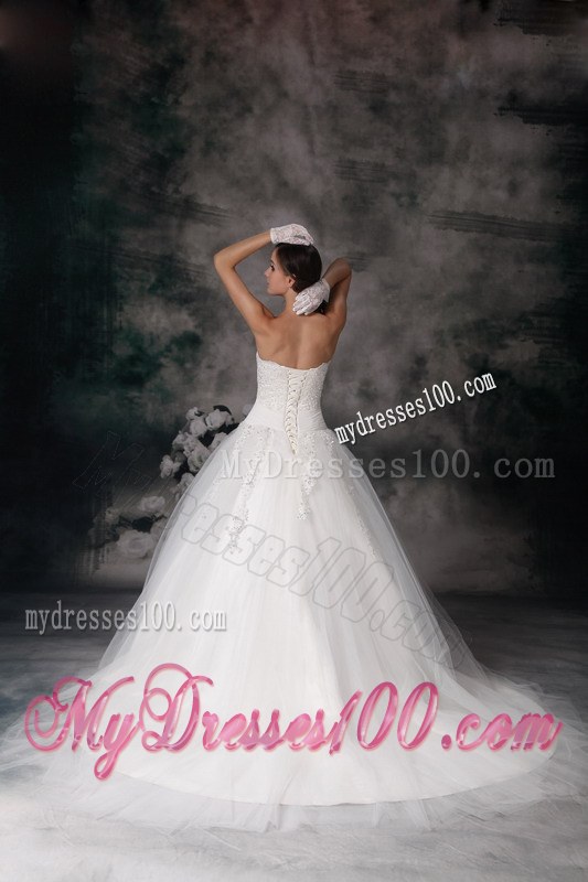 Embroidery White Wedding Dress Ball Gown Strapless Court Train