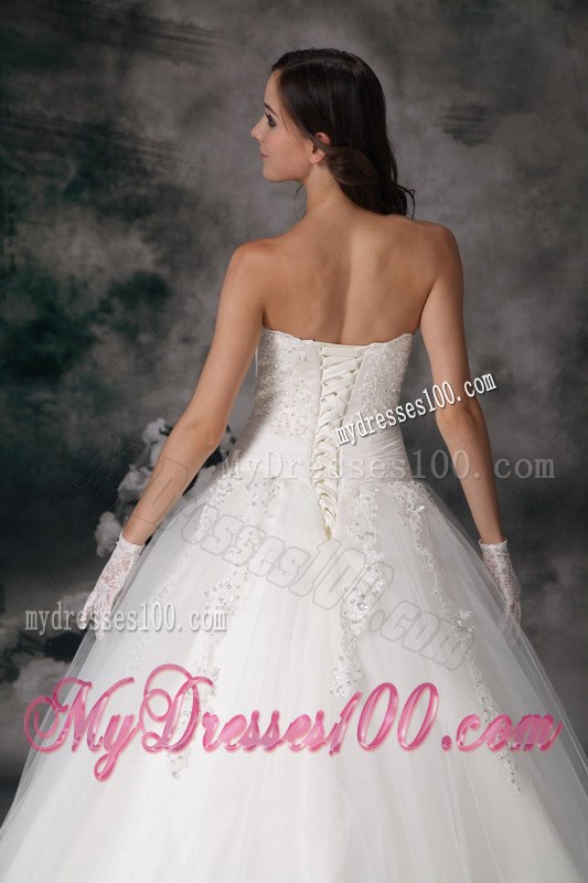 Embroidery White Wedding Dress Ball Gown Strapless Court Train