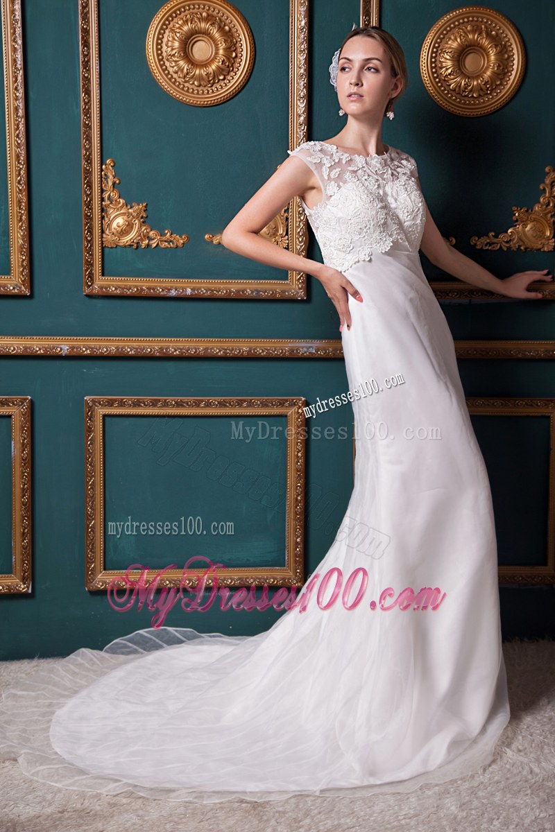 Lace Decorate Bateau Sleeveless Court Train White Wedding Dresses