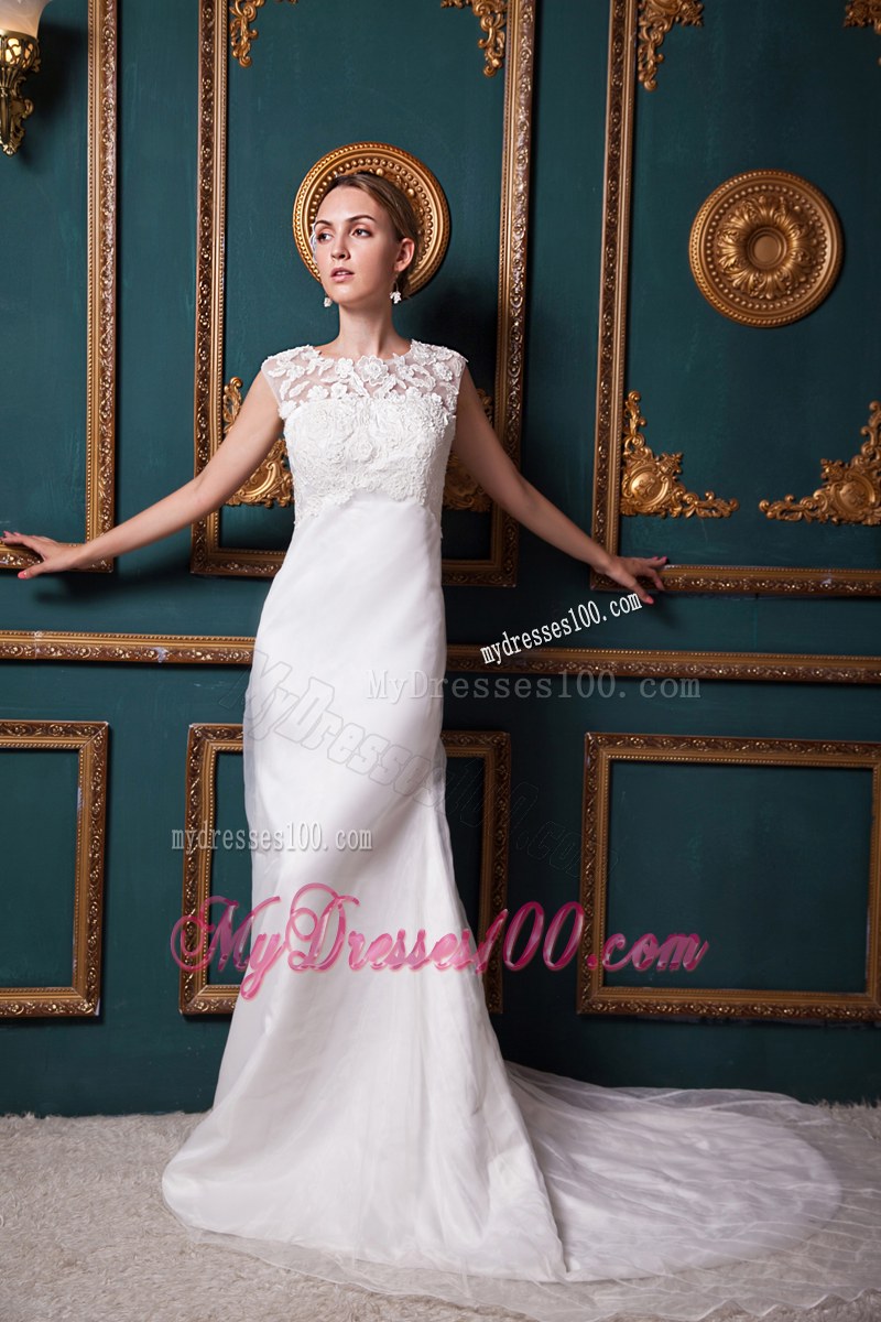 Lace Decorate Bateau Sleeveless Court Train White Wedding Dresses