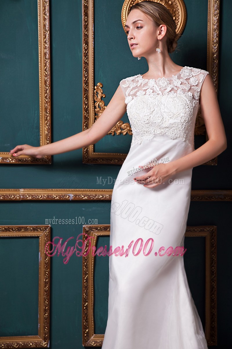 Lace Decorate Bateau Sleeveless Court Train White Wedding Dresses