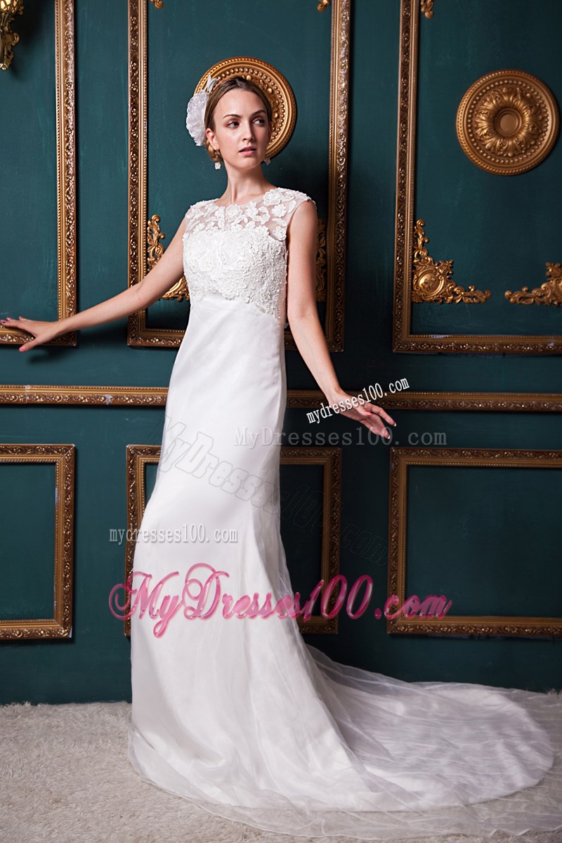 Lace Decorate Bateau Sleeveless Court Train White Wedding Dresses