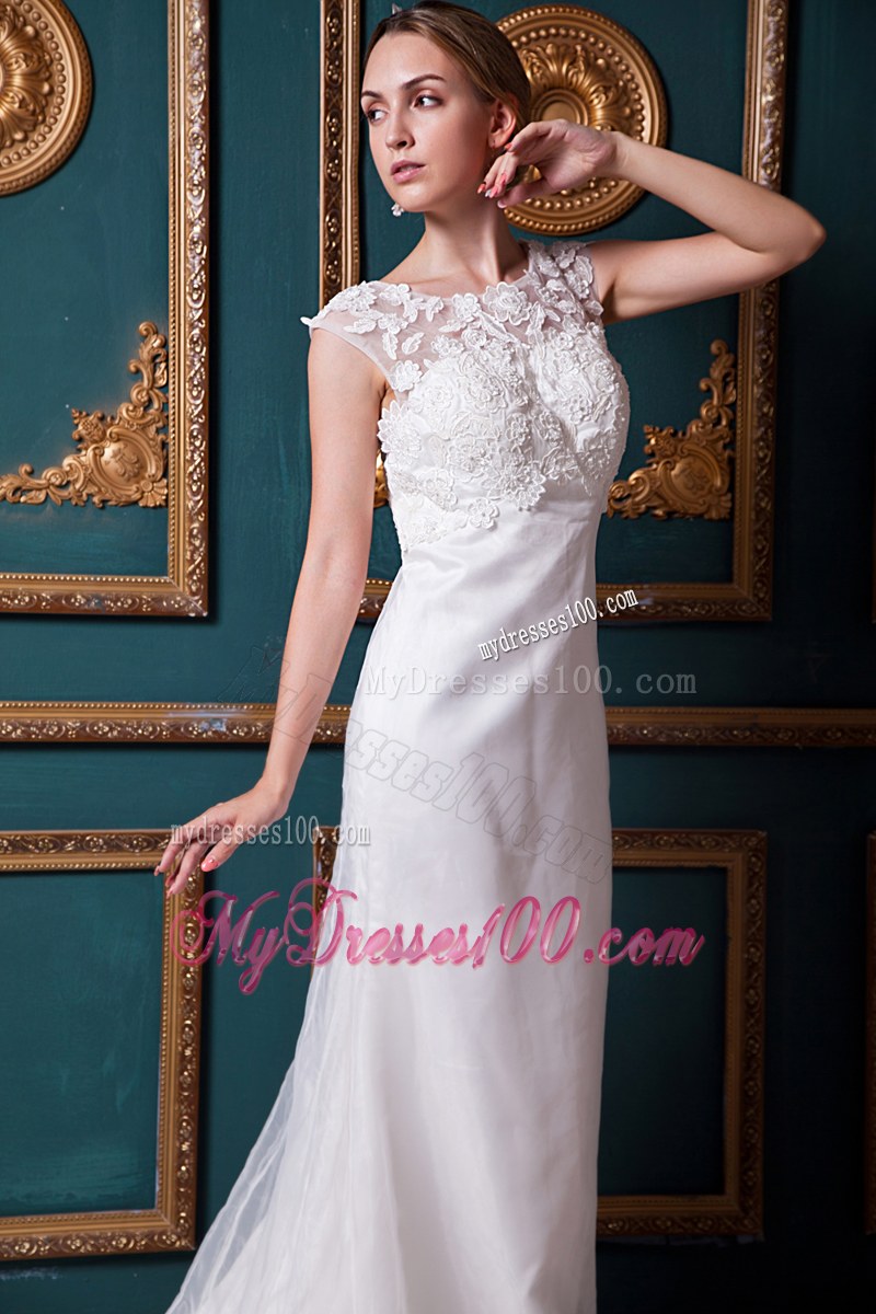 Lace Decorate Bateau Sleeveless Court Train White Wedding Dresses