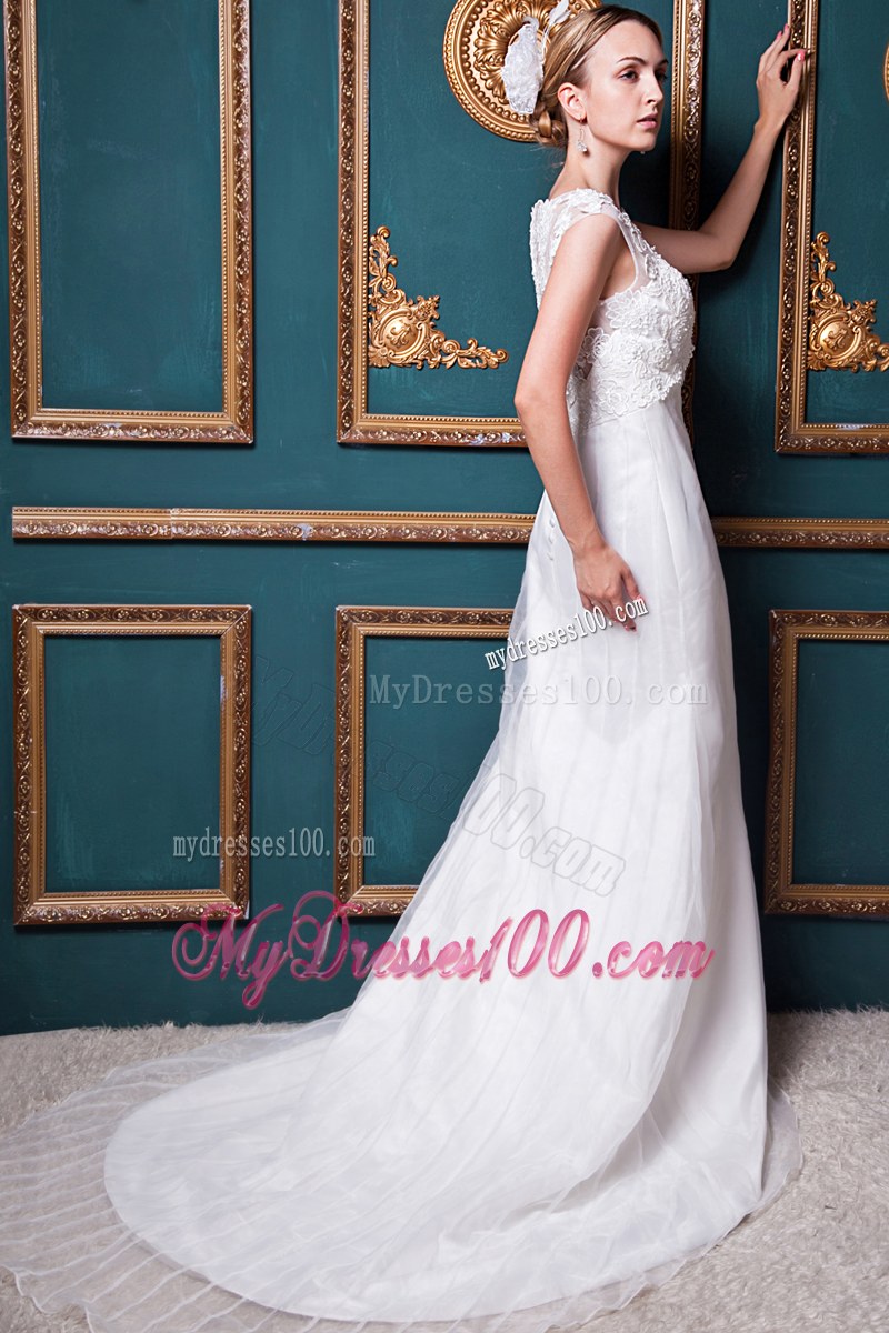 Lace Decorate Bateau Sleeveless Court Train White Wedding Dresses