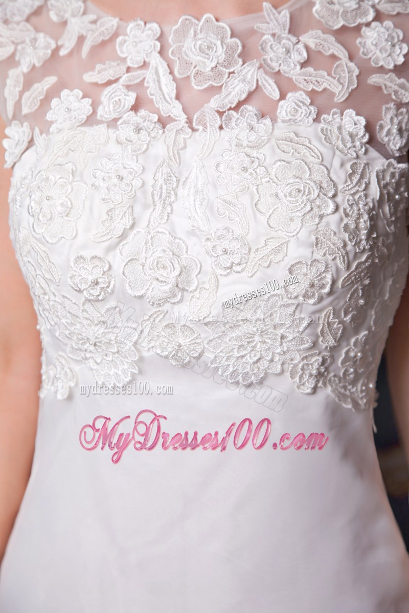 Lace Decorate Bateau Sleeveless Court Train White Wedding Dresses