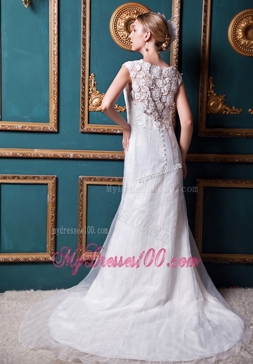 Lace Decorate Bateau Sleeveless Court Train White Wedding Dresses