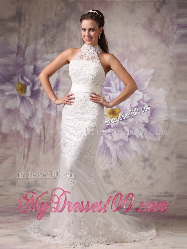Mermaid High Neck Court Train Lace Beading Wedding Gowns with Belt