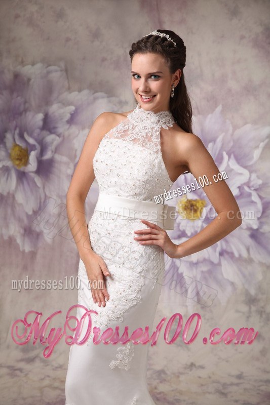 Mermaid High Neck Court Train Lace Beading Wedding Gowns with Belt