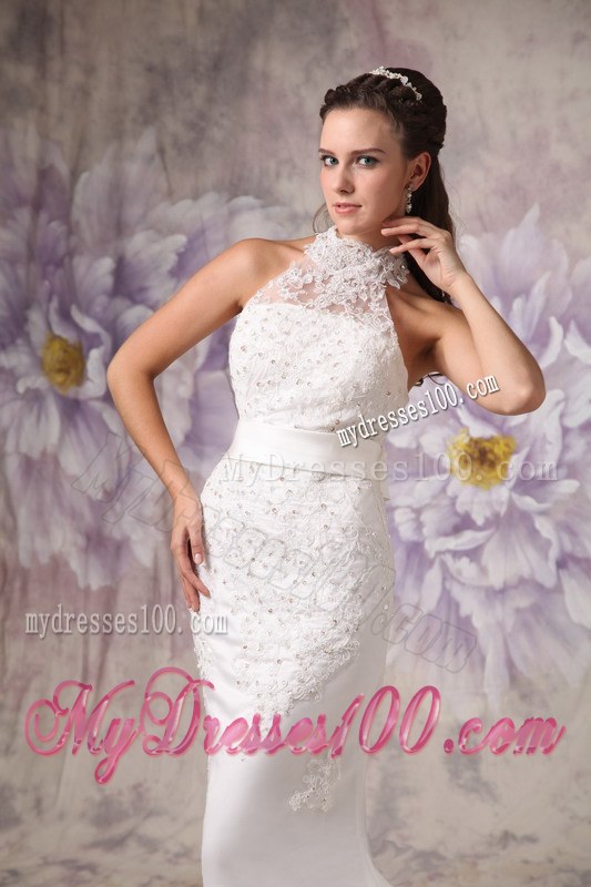 Mermaid High Neck Court Train Lace Beading Wedding Gowns with Belt
