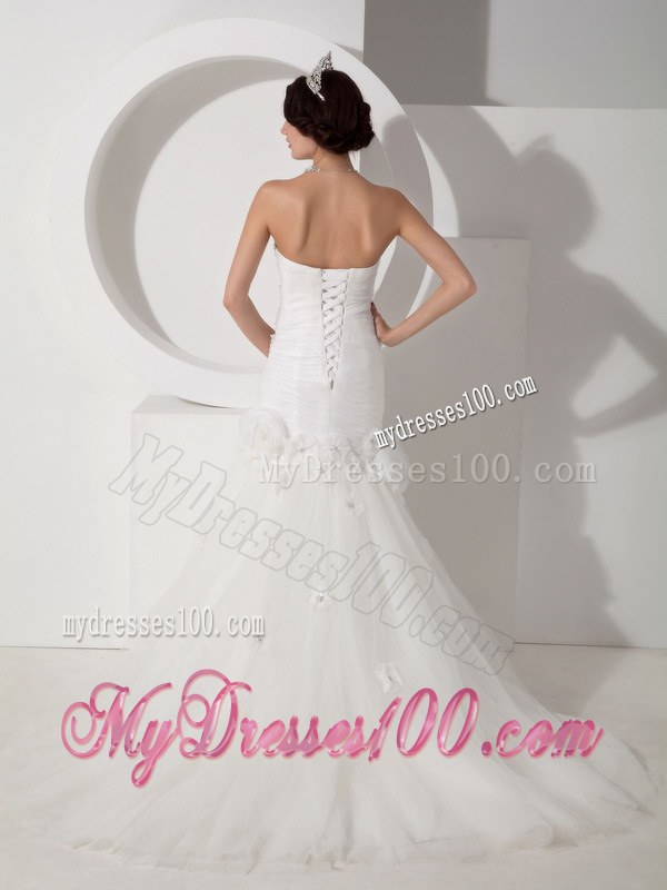 Mermaid Court Train Ruche and Hand Made Flowers Decorate Bridal Dress