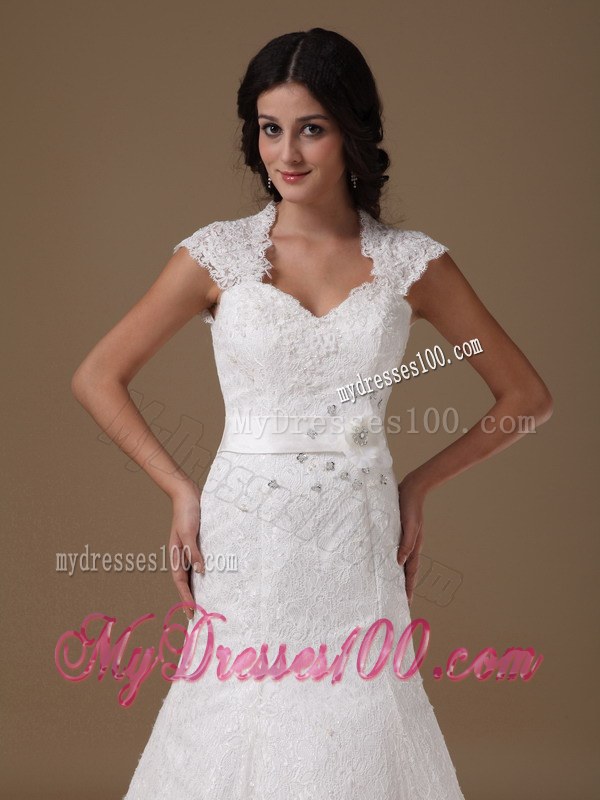 Sleeveless White Wedding Dress Peekaboo Keyhole Handmade Flower