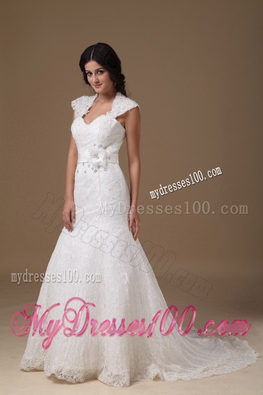 Sleeveless White Wedding Dress Peekaboo Keyhole Handmade Flower