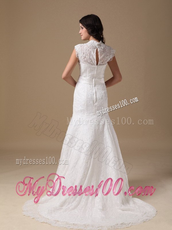 Sleeveless White Wedding Dress Peekaboo Keyhole Handmade Flower