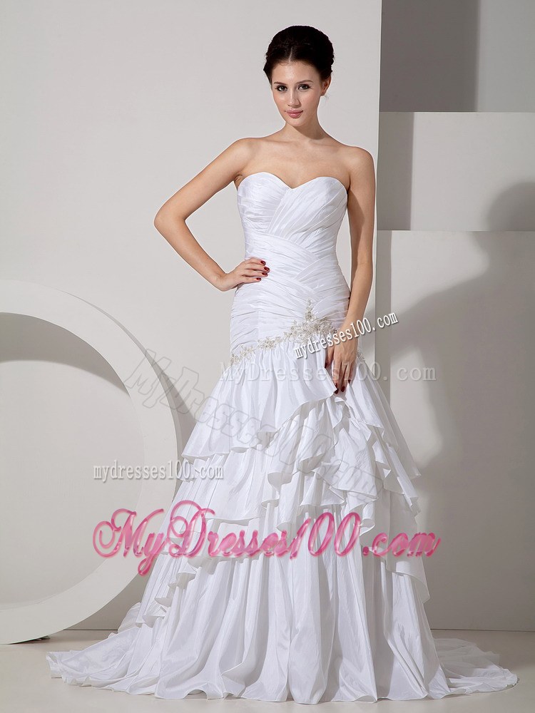 Ruched Bodice for Ruffled Layers Decorated Court Train White Wedding dress