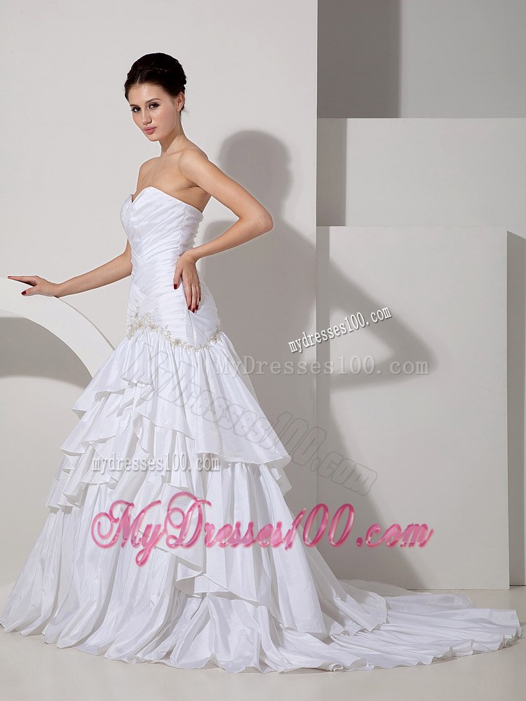 Ruched Bodice for Ruffled Layers Decorated Court Train White Wedding dress