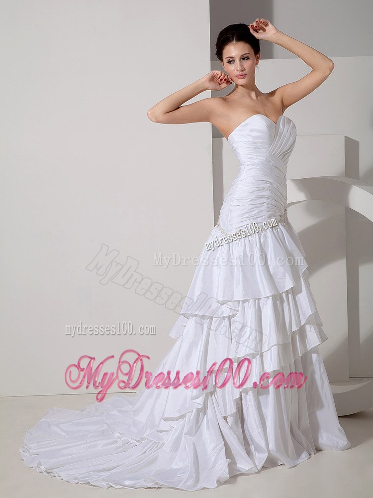 Ruched Bodice for Ruffled Layers Decorated Court Train White Wedding dress