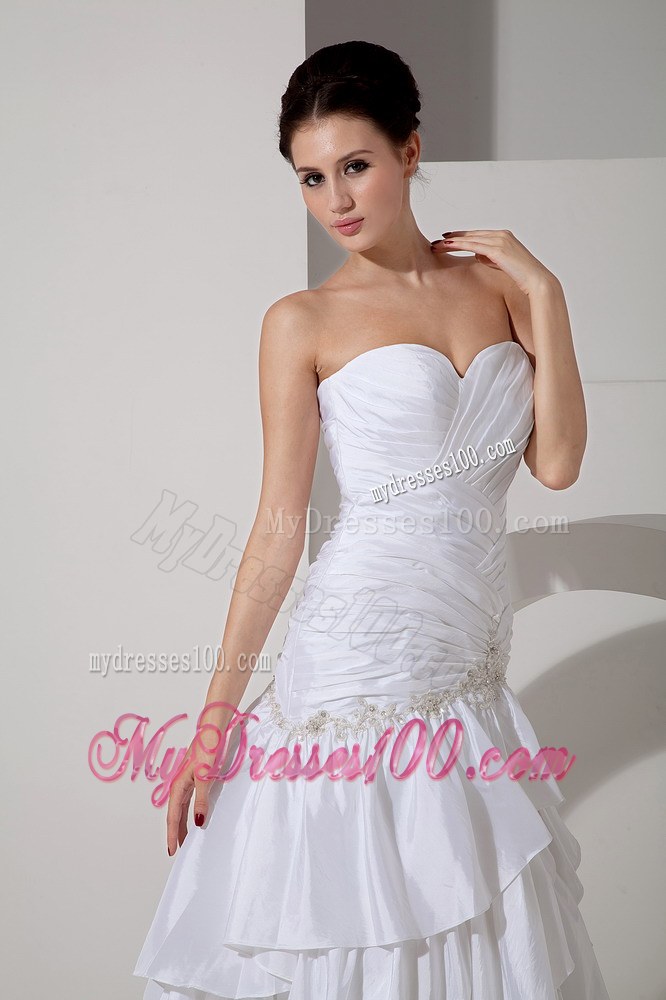 Ruched Bodice for Ruffled Layers Decorated Court Train White Wedding dress