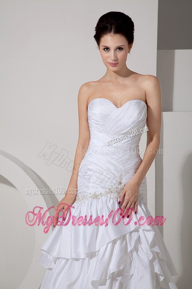 Ruched Bodice for Ruffled Layers Decorated Court Train White Wedding dress