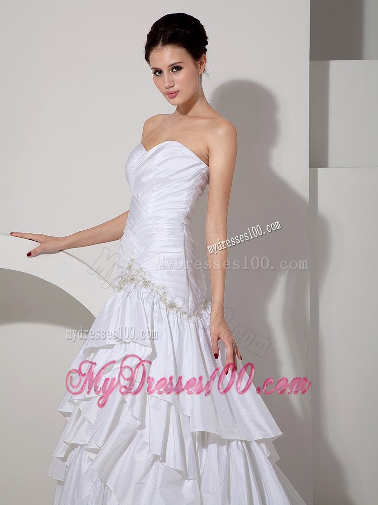 Ruched Bodice for Ruffled Layers Decorated Court Train White Wedding dress