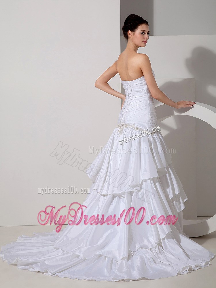 Ruched Bodice for Ruffled Layers Decorated Court Train White Wedding dress