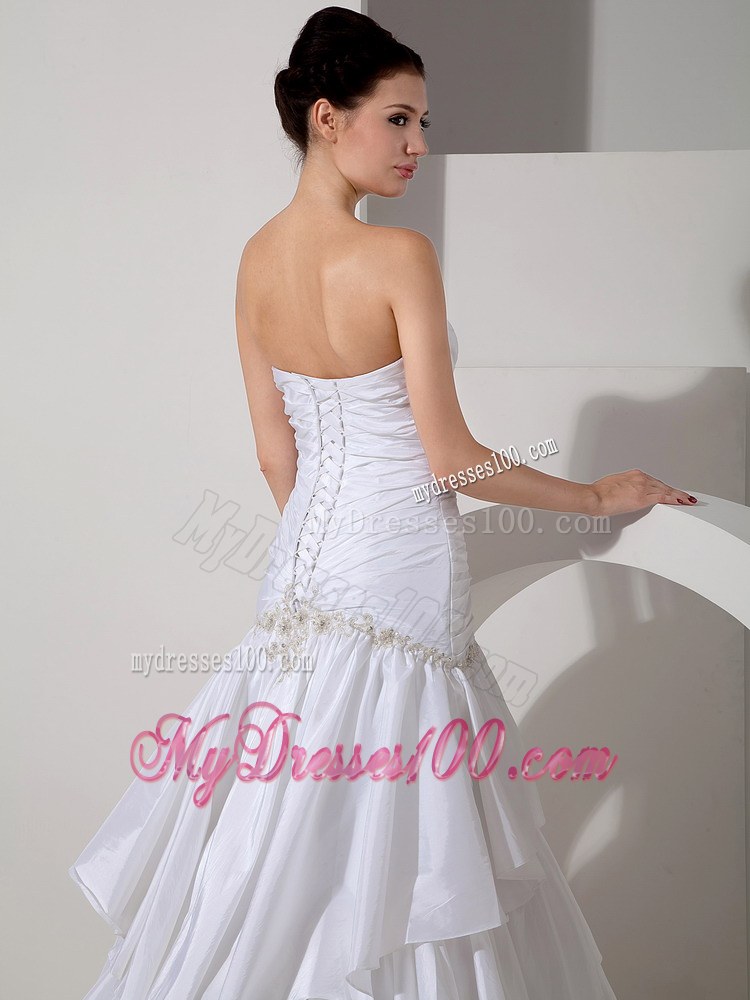 Ruched Bodice for Ruffled Layers Decorated Court Train White Wedding dress