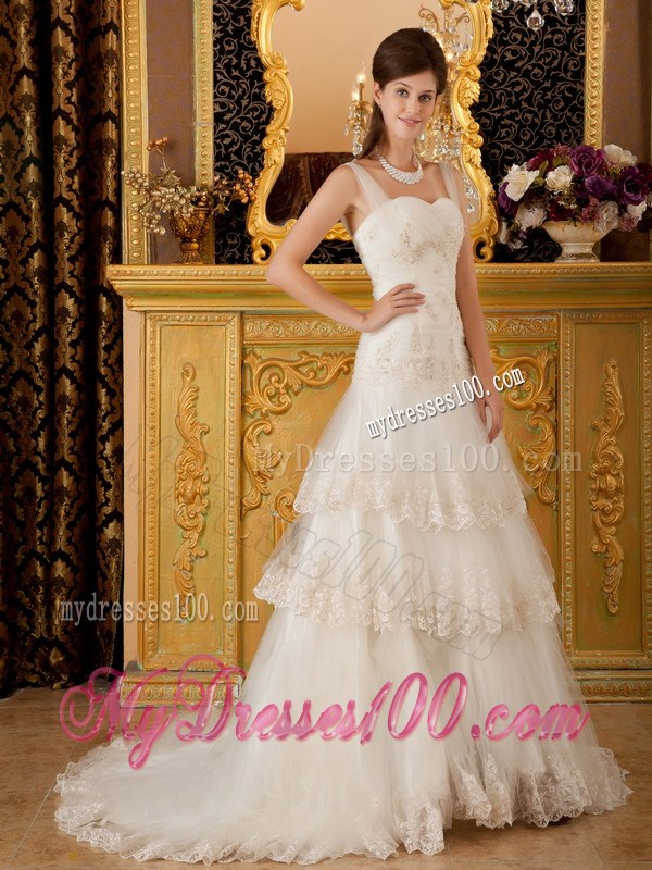 Grace A-line Lace Hem Straps Champagne Wedding Dress with Appliques