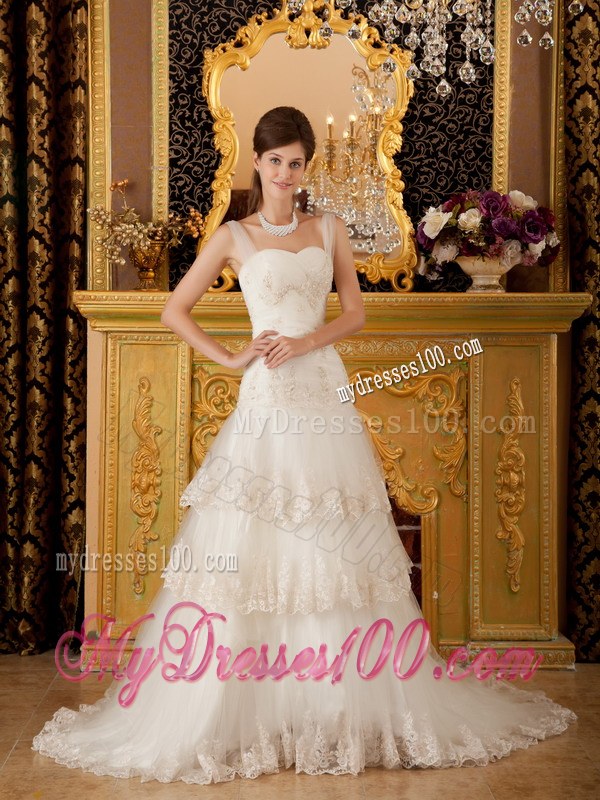 Grace A-line Lace Hem Straps Champagne Wedding Dress with Appliques